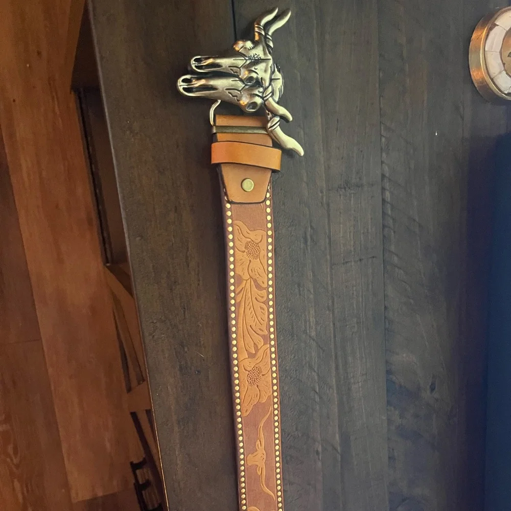 Brown Faux Leather Belt with Bull Skull Buckle - Picture 2 of 3